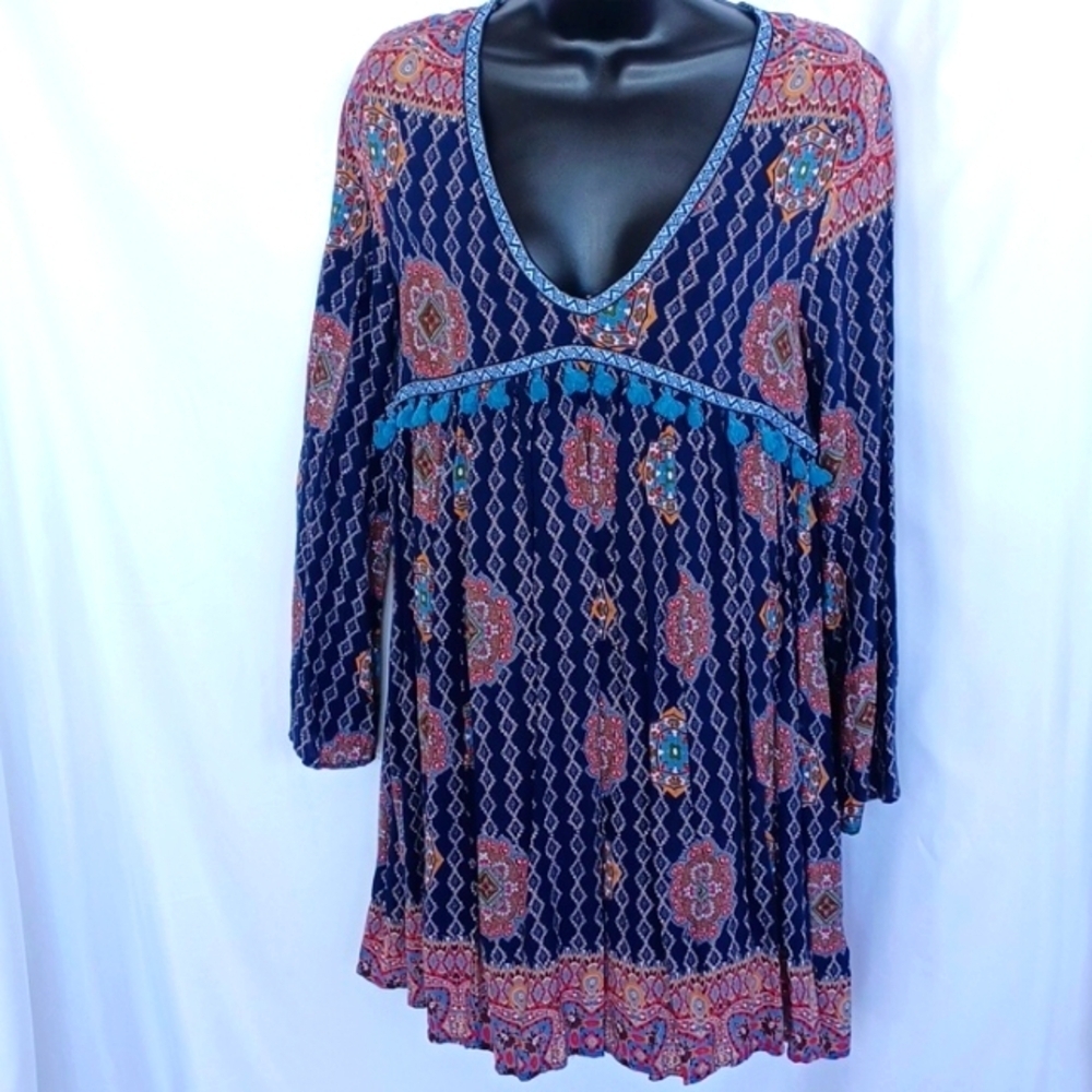 Umgee Navy Multicolor Regina Boho Print Tassel Trim Peasant Dress